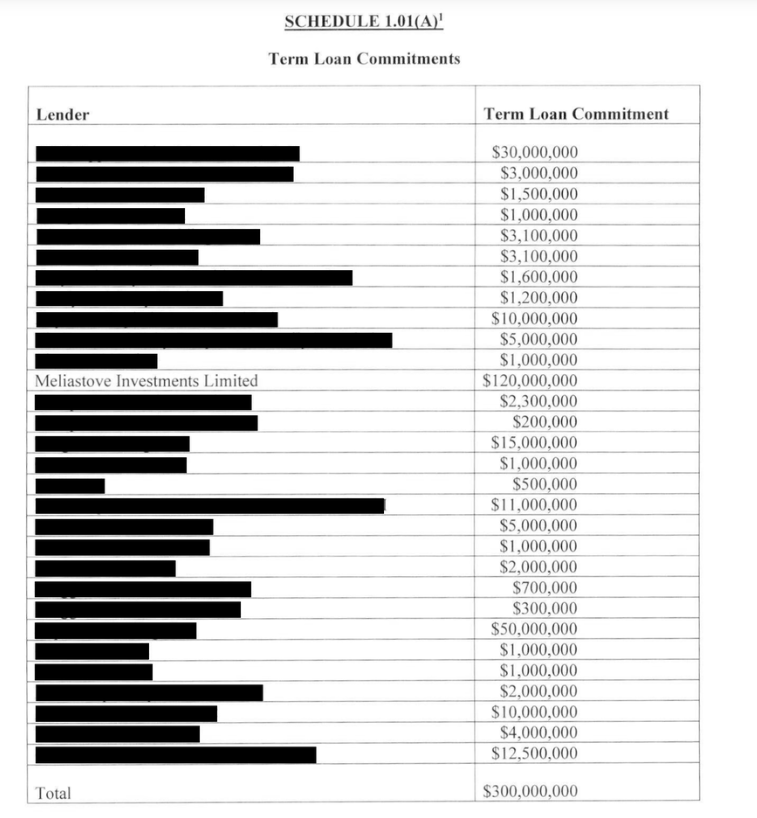 Portion of financing agreement depicting Meliastove Investments' commitment of $120 million.